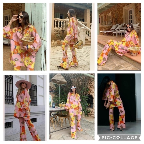 Zara Floral Printed Shirt With Hat Set S - Picture 3 of 11